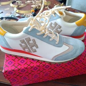 Tory Burch White and Gray Sneakers with Yellow Accents